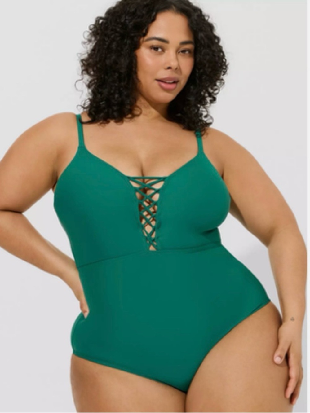 Torrid Green One Piece Swimsuit Size 1 Lace Up Front Plus Bathing Suit